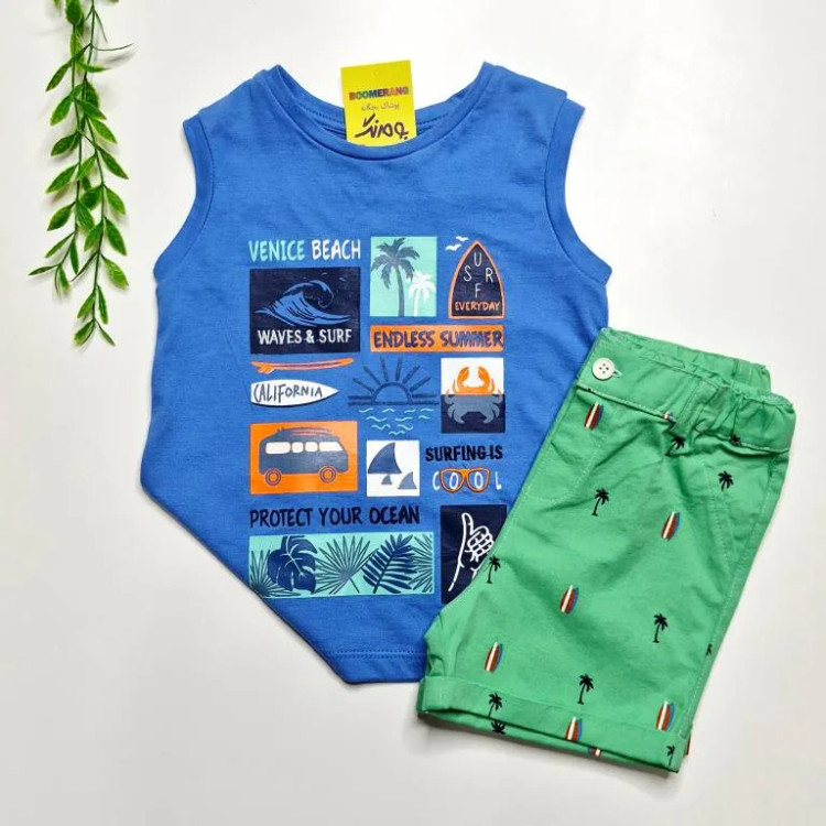 تاپ و شلوارک پسرانه طرح ساحلی جنس پنبه و کتان سایز 1 تا 4 سال