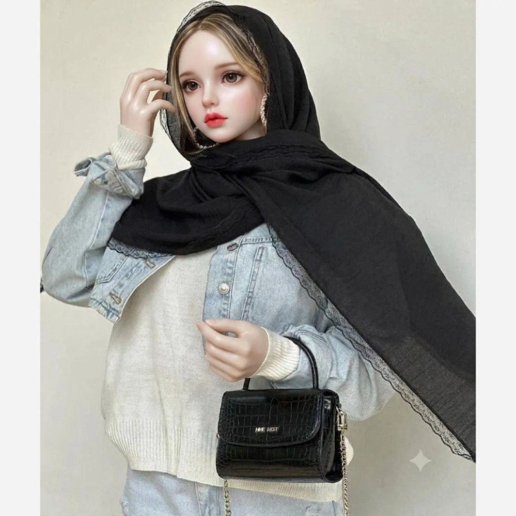 شال زنانه وال اسلپ مشکی سرمه ای نسکافه ای دور گیپور سایز 170 در 70 و 52 سانتی متر