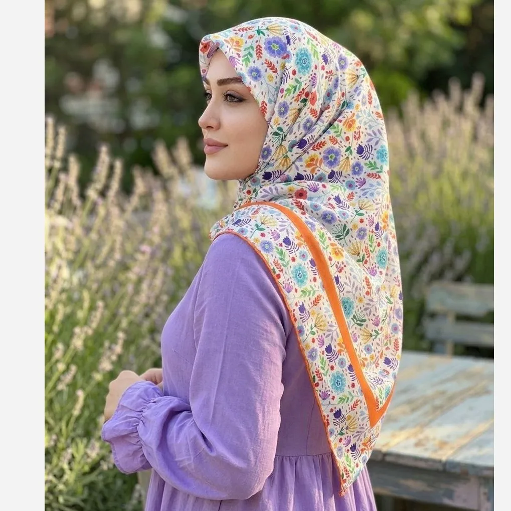 روسری نخ کاستوم طرح گلدخت قواره بزرگ 140 سانتیمتر رنگی شاد بهاری تابستانی
