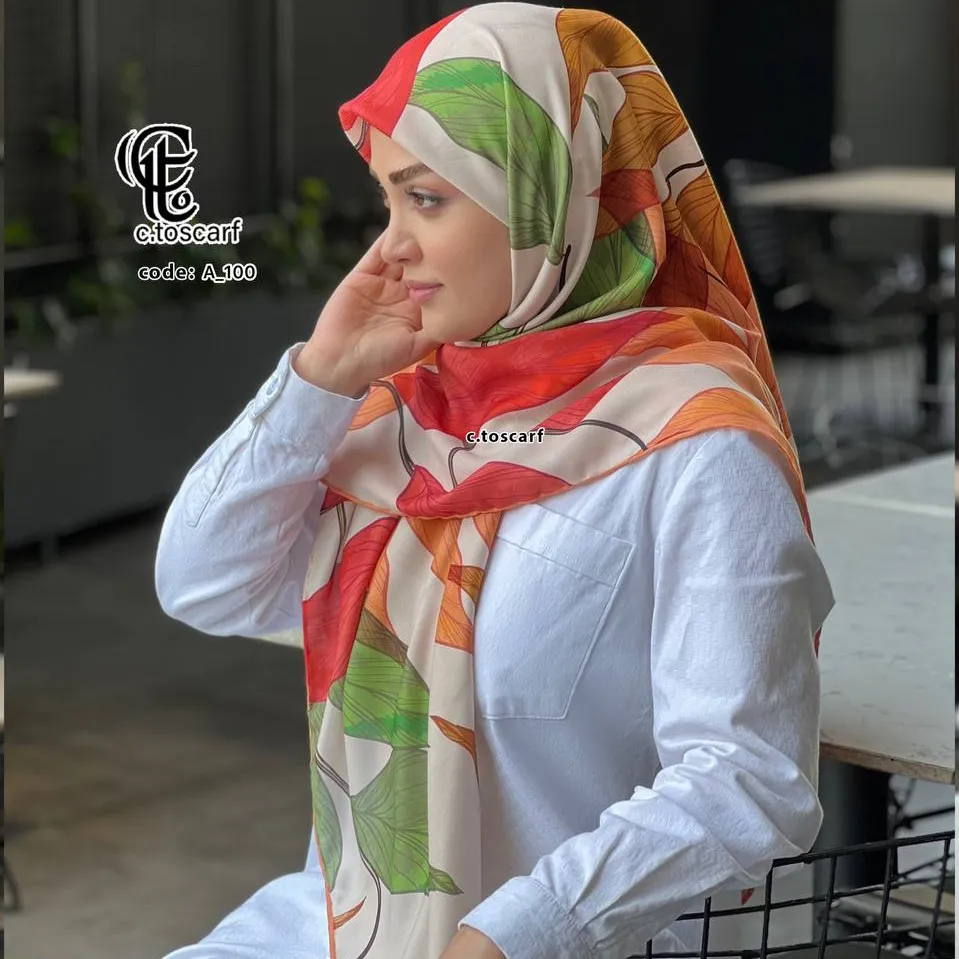 روسری نخ کاستوم قواره بزرگ 140 در 140 طرح رونیا نارنجی