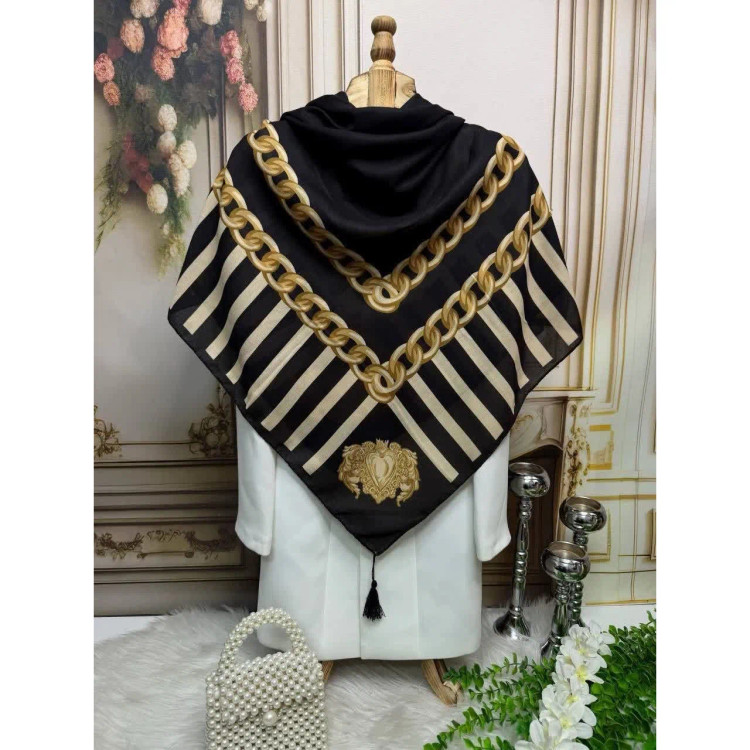 روسری مجلسی ساتن ابریشم طرح طلا قواره 140 توییل